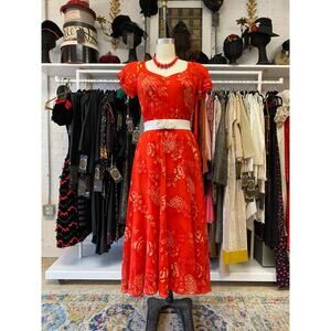 vintage 1990s sheer red silk floral dress, flutter sleeves, key hole, size 6